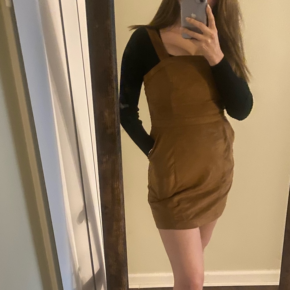 Abercrombie and Fitch faux suede tan camel color pinafore coverall dress size XS
